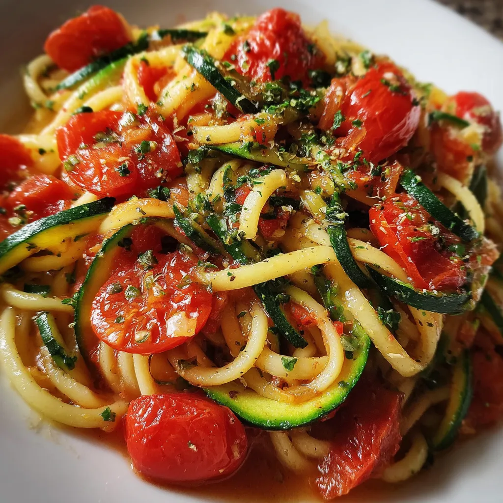 Fresh Garden Tomato Zucchini Pasta with Garlic and Basil - tertiary view